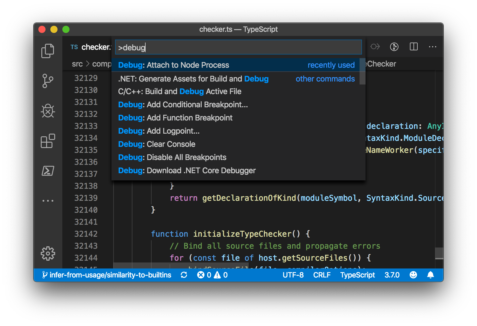 A screenshot of VS Code with the command palette open, searching “debug.” A list of results is shown with “Debug: Attach to Node Process” focused.